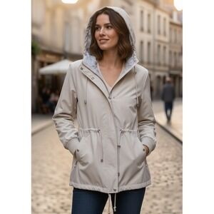 Bernardo Jacket Womens Size M Beige Cinch Waist Hooded Lightweight Full Zip Coat